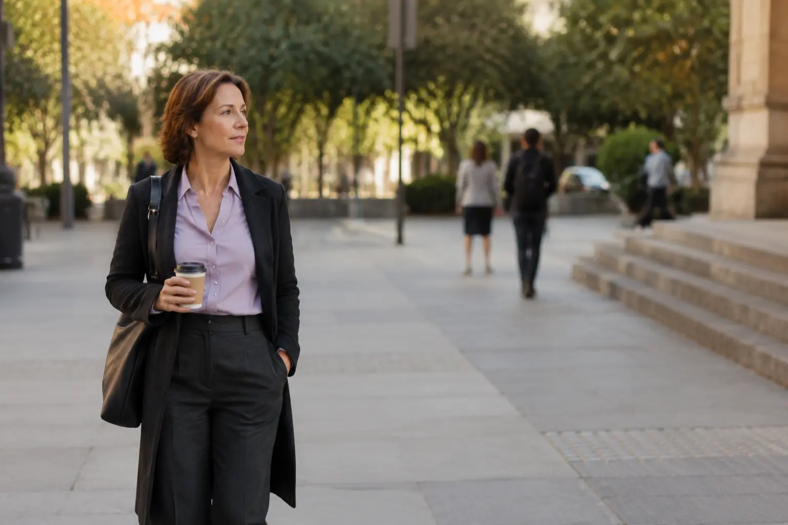 A confident woman moving through an everyday public space